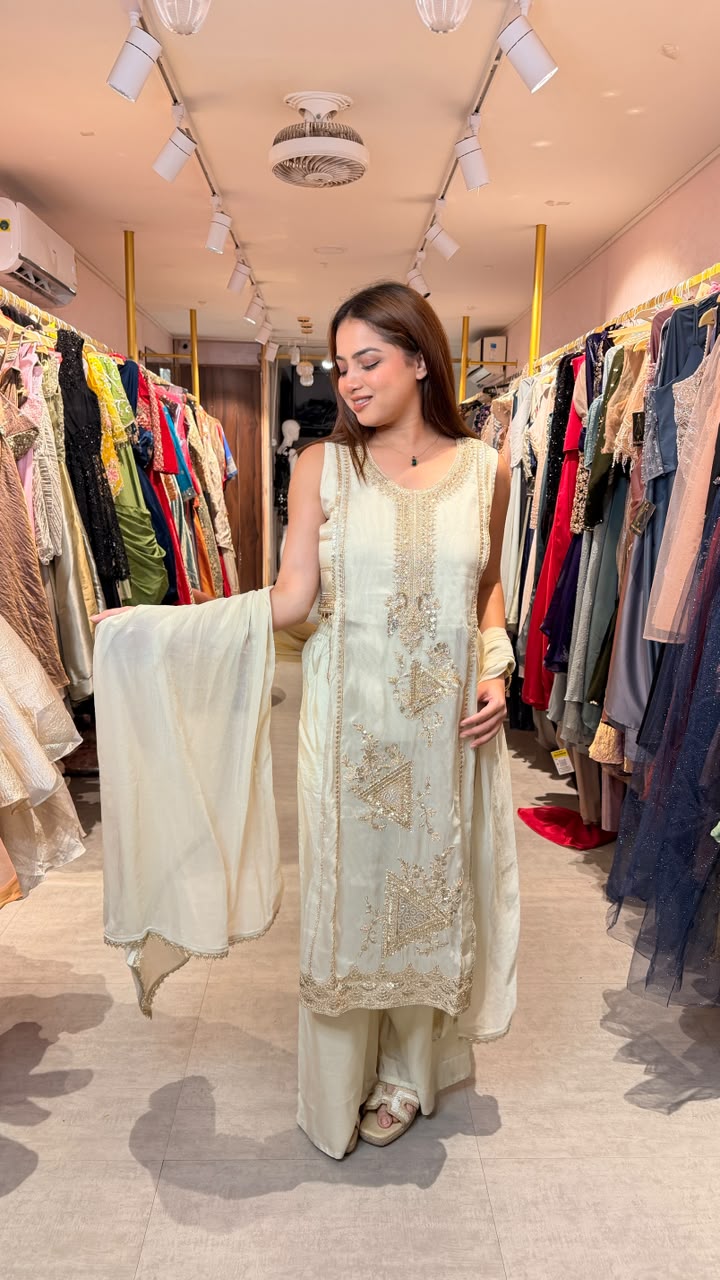 Ivory Embroidered Straight Kurta Palazzo Set with Dupatta