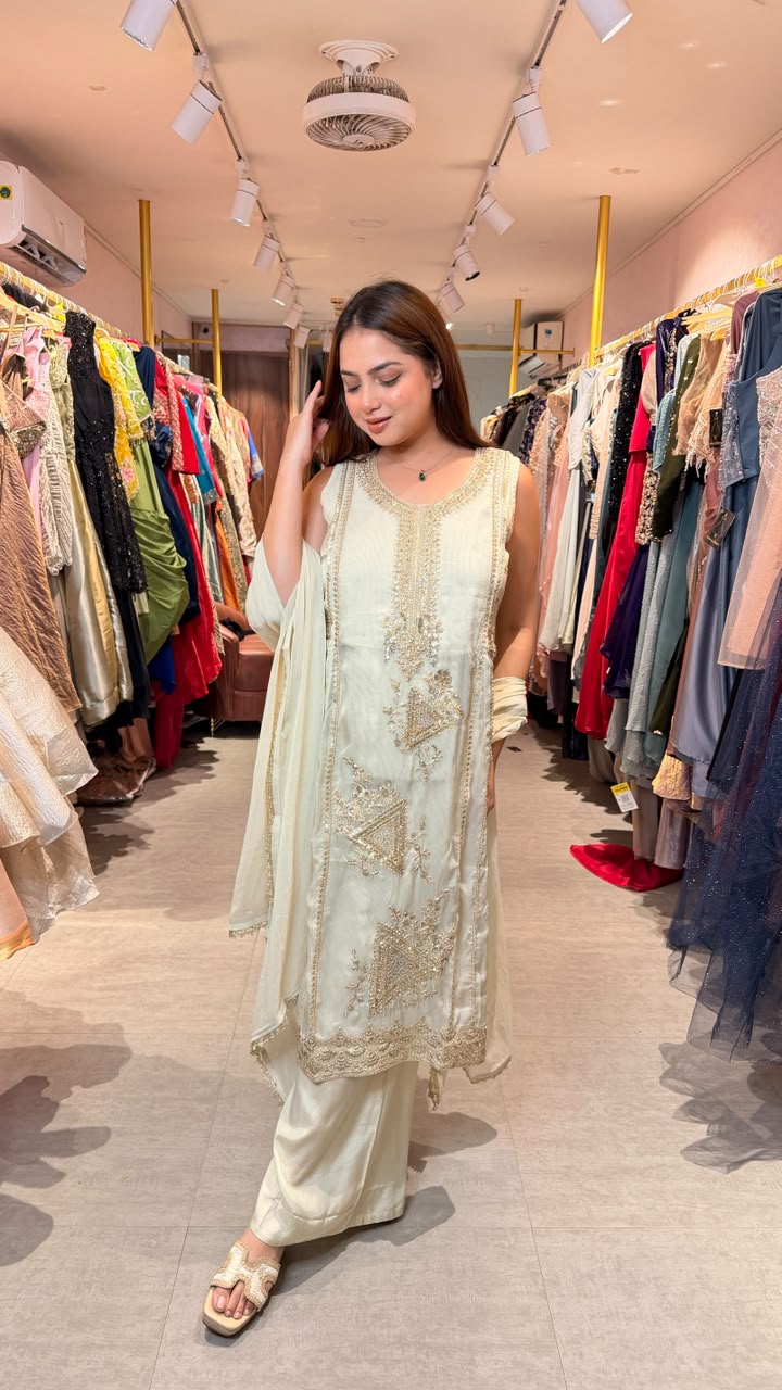 Ivory Embroidered Straight Kurta Palazzo Set with Dupatta