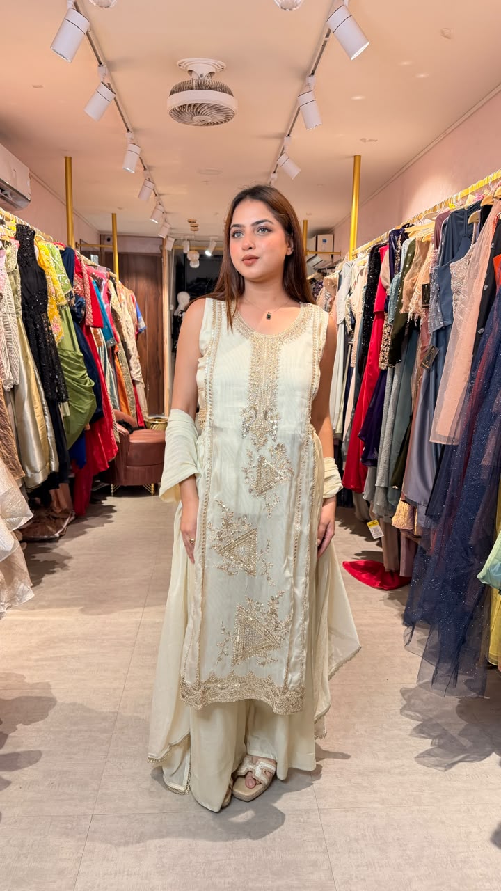 Ivory Embroidered Straight Kurta Palazzo Set with Dupatta