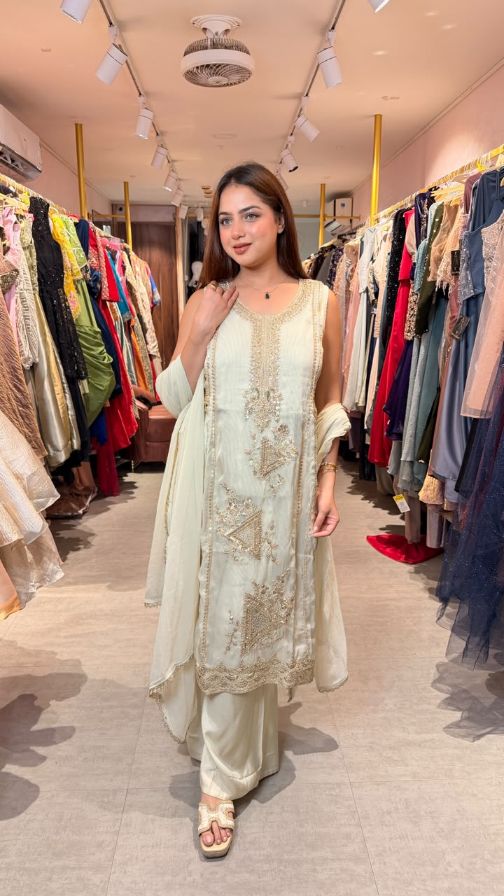 Ivory Embroidered Straight Kurta Palazzo Set with Dupatta