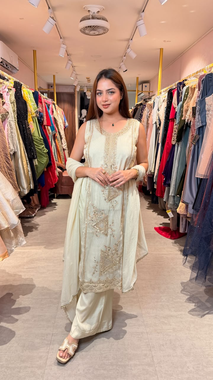 Ivory Embroidered Straight Kurta Palazzo Set with Dupatta