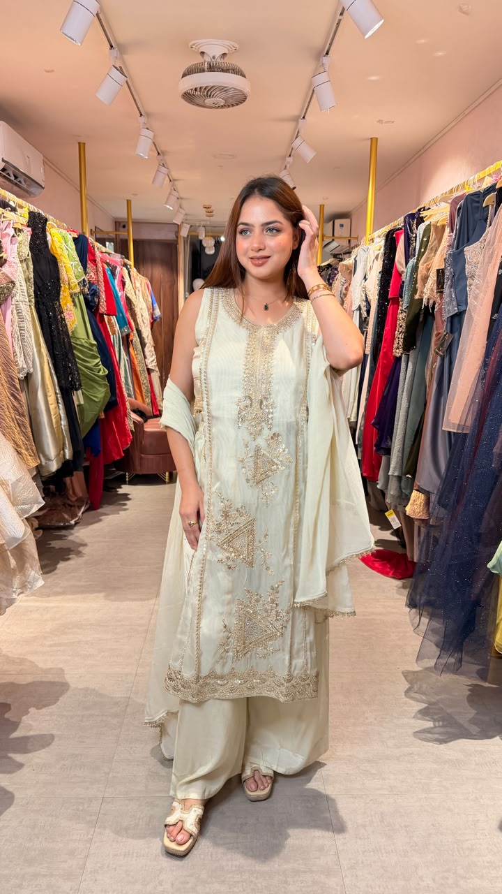 Ivory Embroidered Straight Kurta Palazzo Set with Dupatta