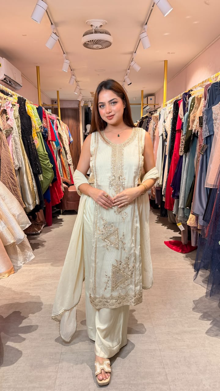 Ivory Embroidered Straight Kurta Palazzo Set with Dupatta