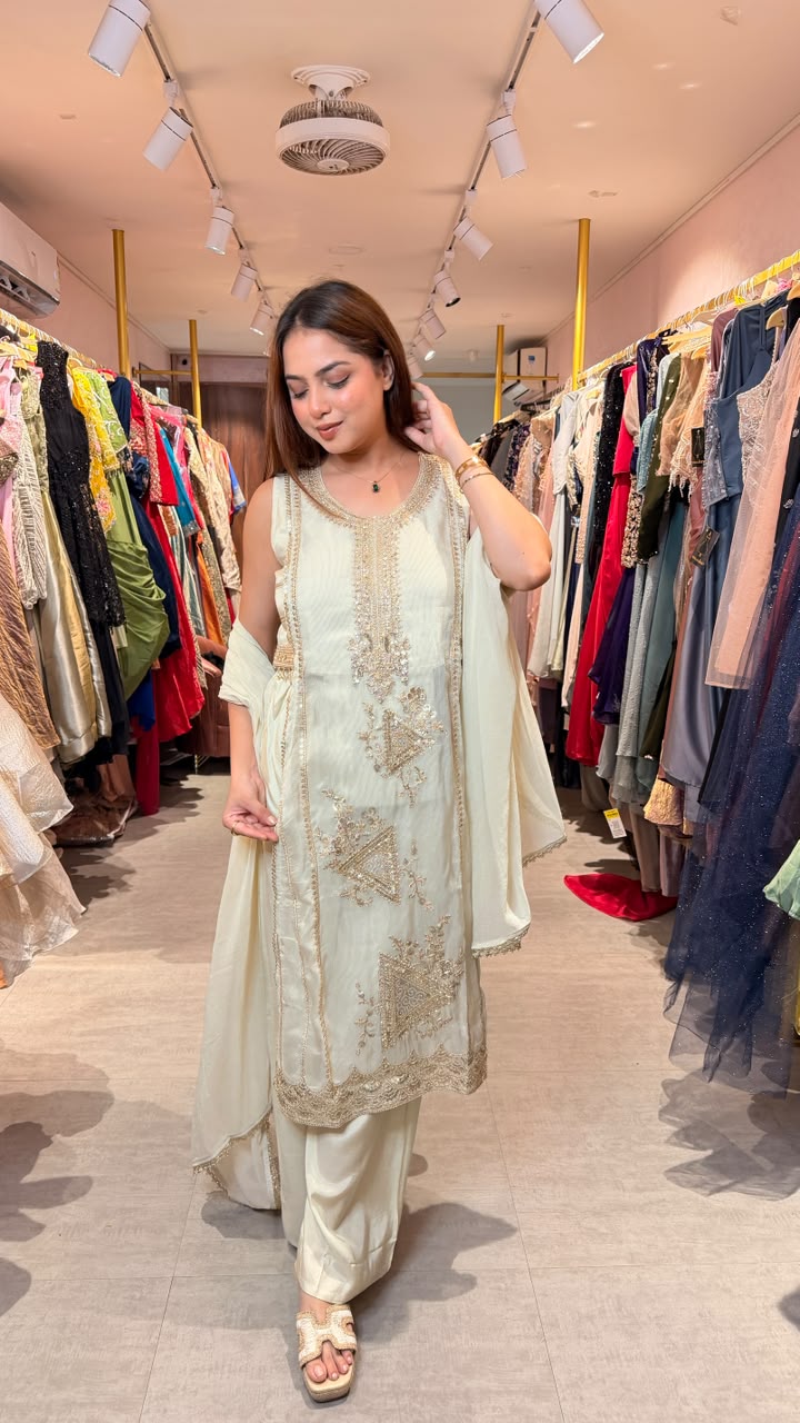 Ivory Embroidered Straight Kurta Palazzo Set with Dupatta