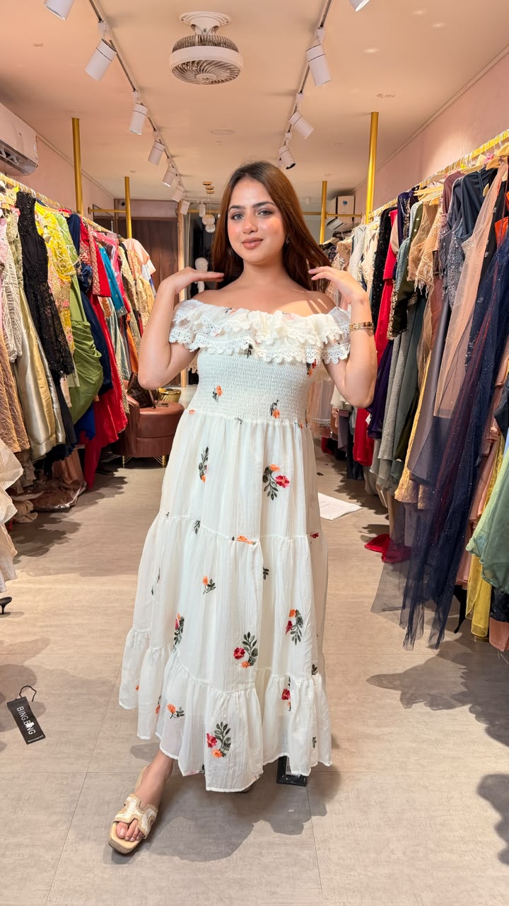 White Off-Shoulder Floral Embroidered Smocked Maxi Dress