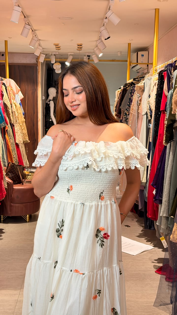 White Off-Shoulder Floral Embroidered Smocked Maxi Dress