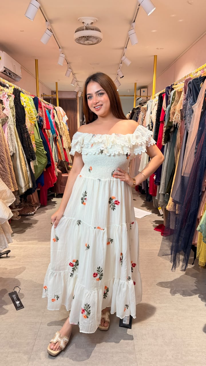 White Off-Shoulder Floral Embroidered Smocked Maxi Dress