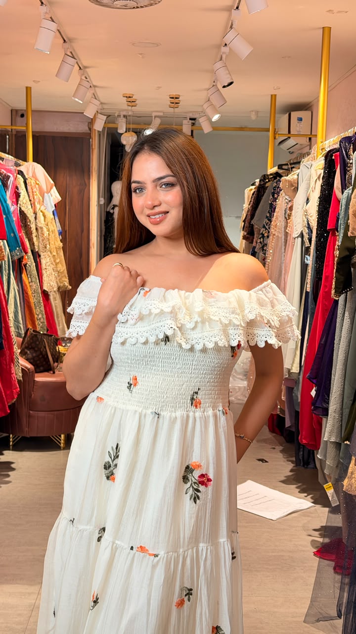 White Off-Shoulder Floral Embroidered Smocked Maxi Dress