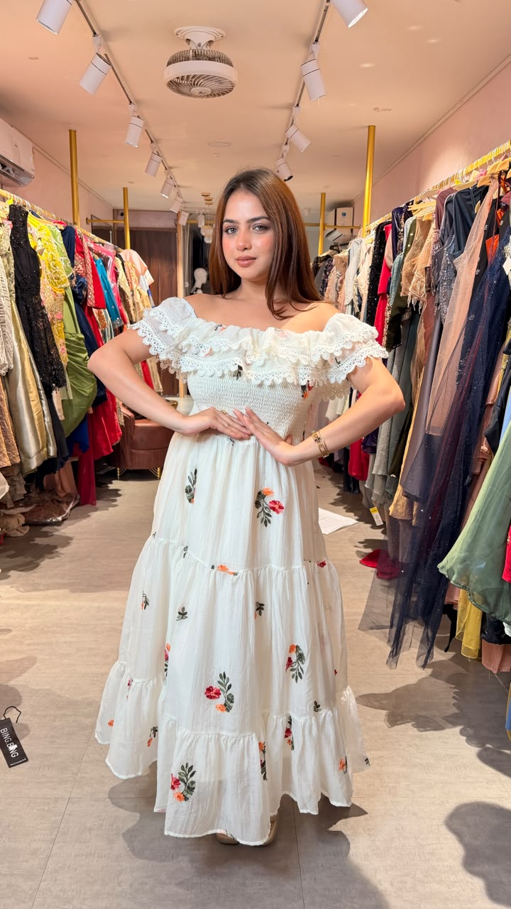 White Off-Shoulder Floral Embroidered Smocked Maxi Dress