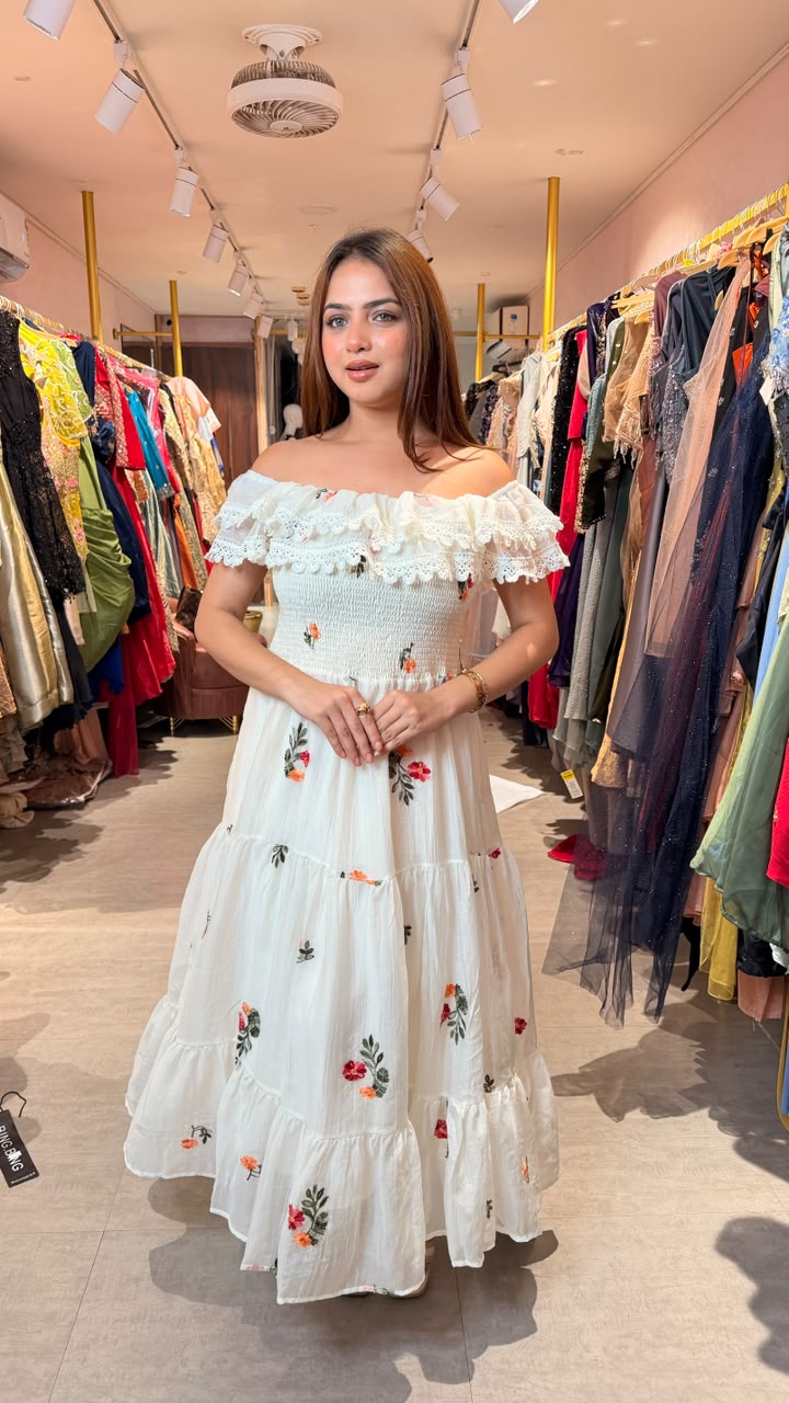 White Off-Shoulder Floral Embroidered Smocked Maxi Dress