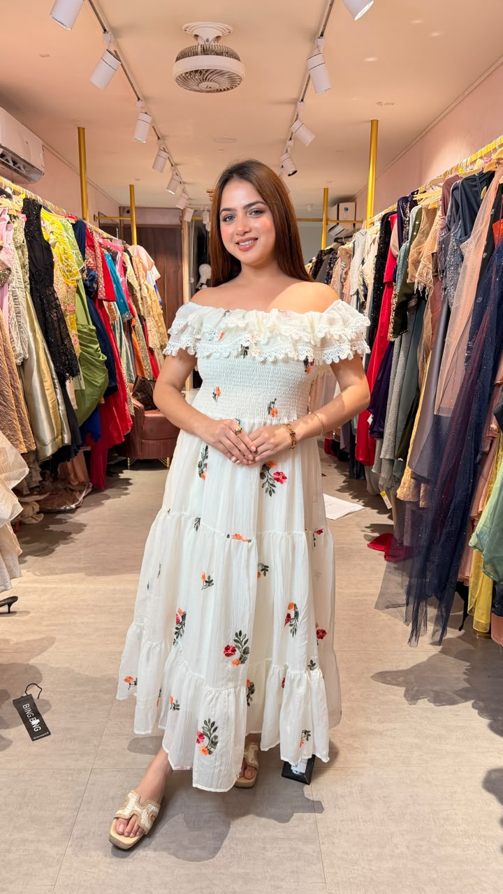White Off-Shoulder Floral Embroidered Smocked Maxi Dress