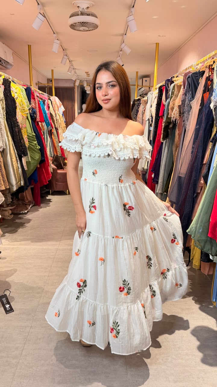 White Off-Shoulder Floral Embroidered Smocked Maxi Dress