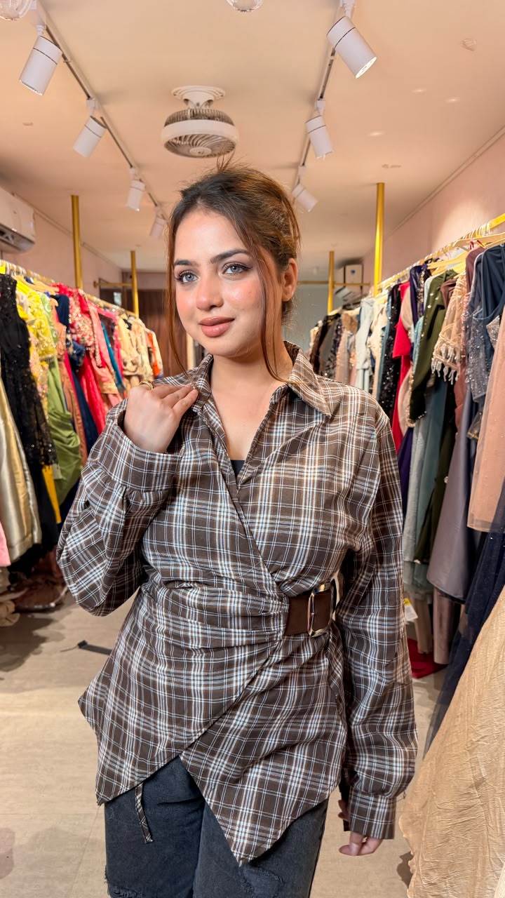 Asymmetrical plaid wrap shirt