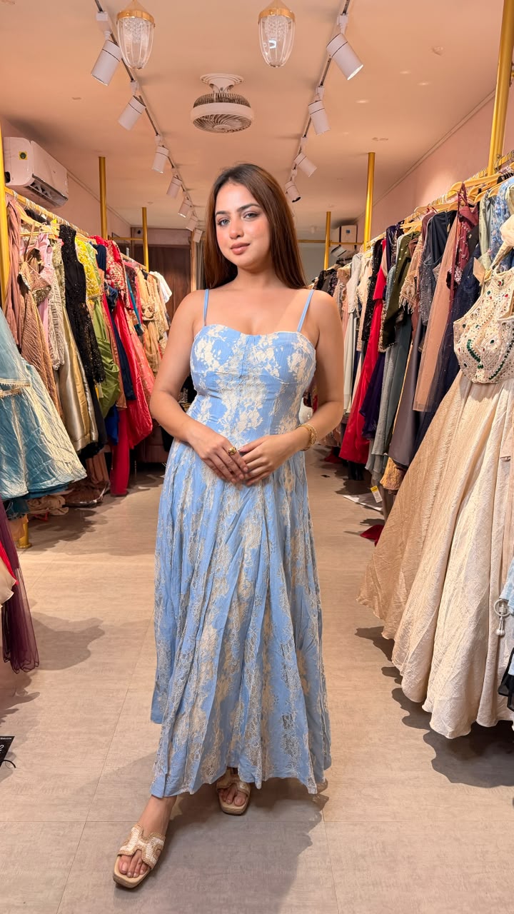 Sky Blue Floral Lace Maxi Dress