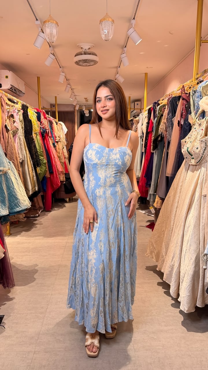 Sky Blue Floral Lace Maxi Dress