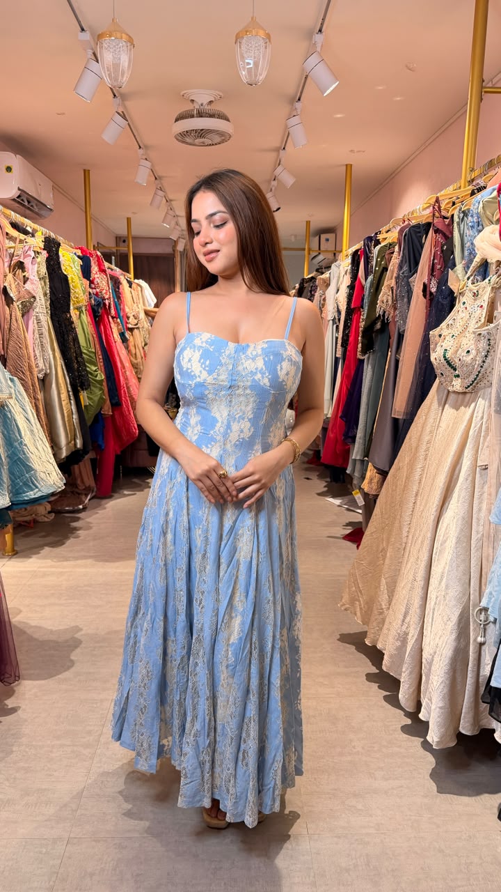 Sky Blue Floral Lace Maxi Dress
