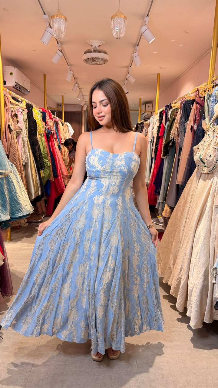 Sky Blue Floral Lace Maxi Dress