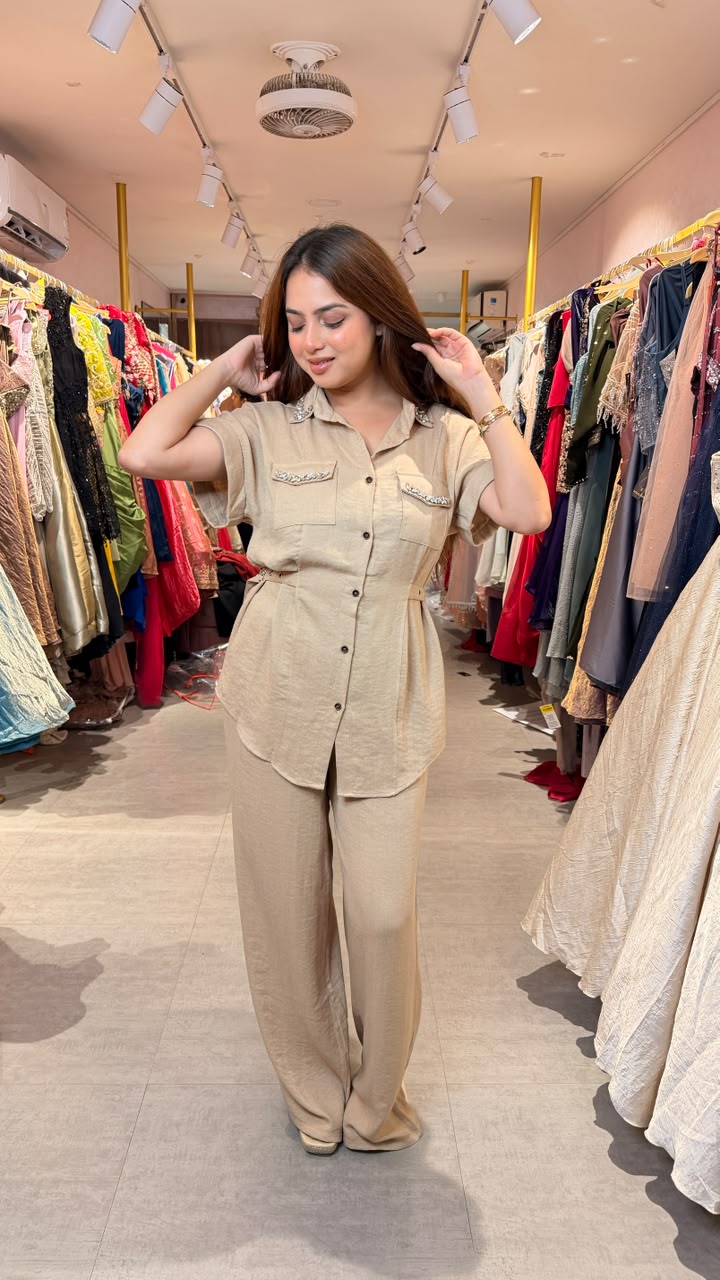 Safari Style Shirt & Wide-Leg Pants Co-ord
