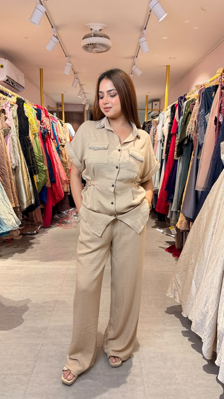Safari Style Shirt & Wide-Leg Pants Co-ord