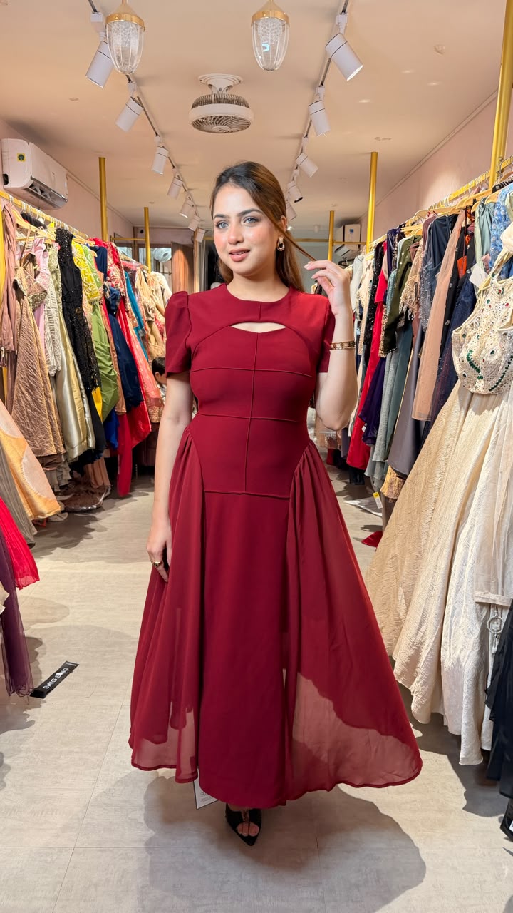 Royal Wine Draped Panel Gown