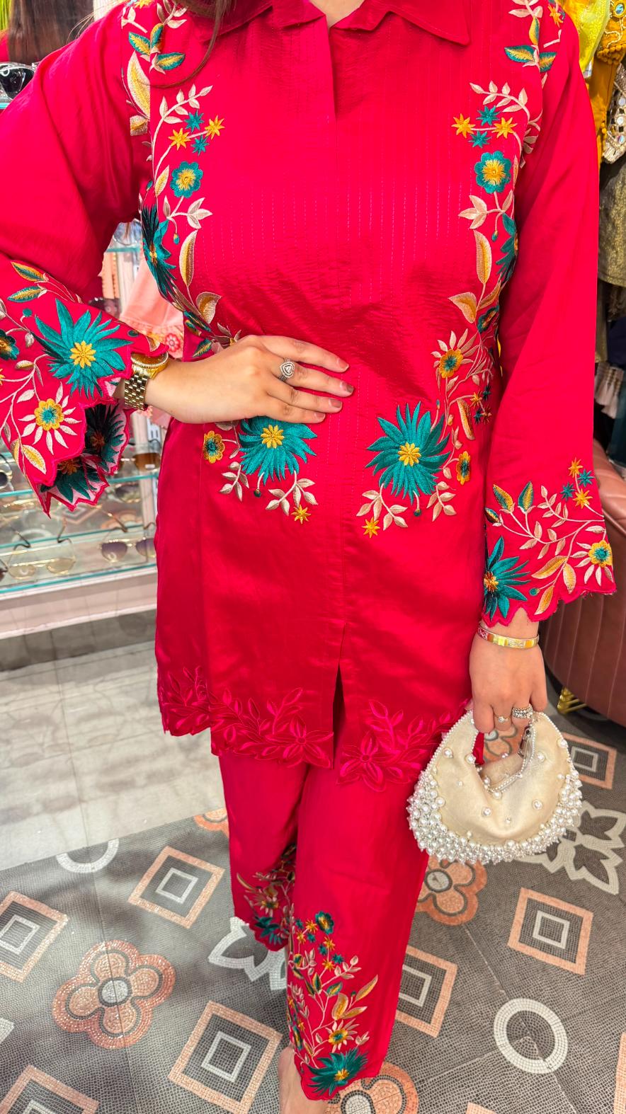 Floral Embroidered Satin Kurta Pant Co-ord Set