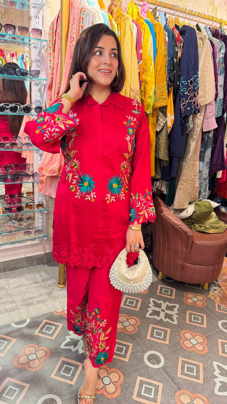 Floral Embroidered Satin Kurta Pant Co-ord Set