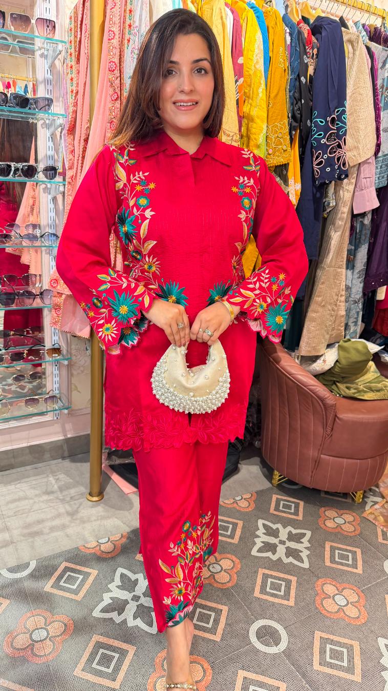 Floral Embroidered Satin Kurta Pant Co-ord Set