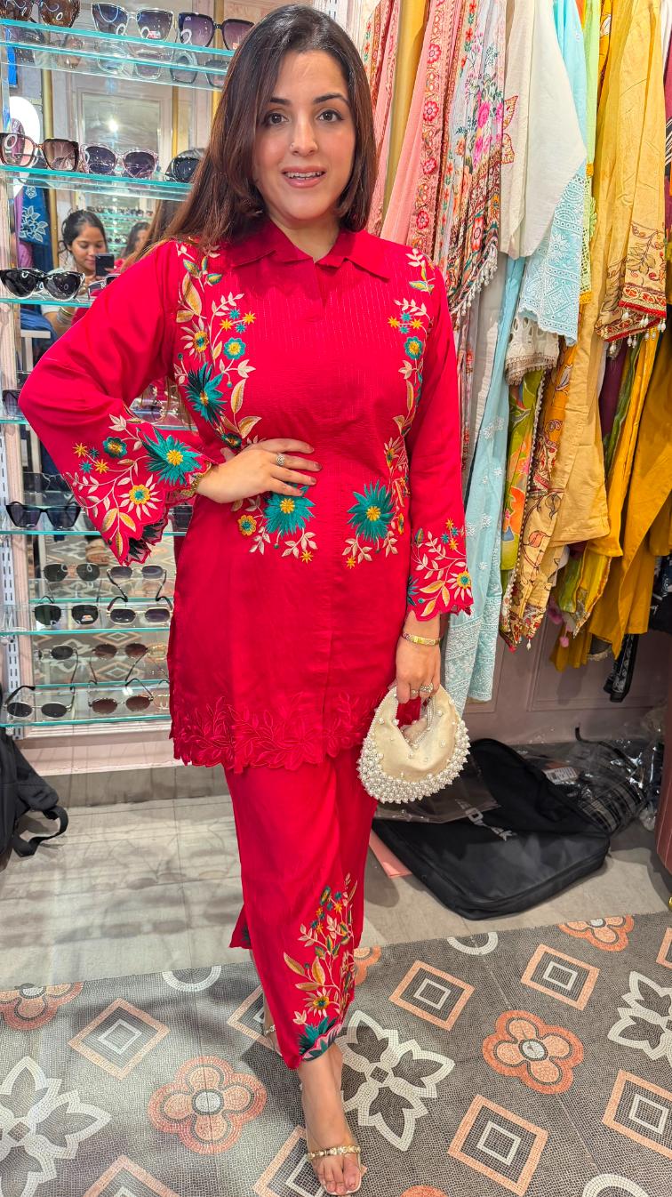 Floral Embroidered Satin Kurta Pant Co-ord Set