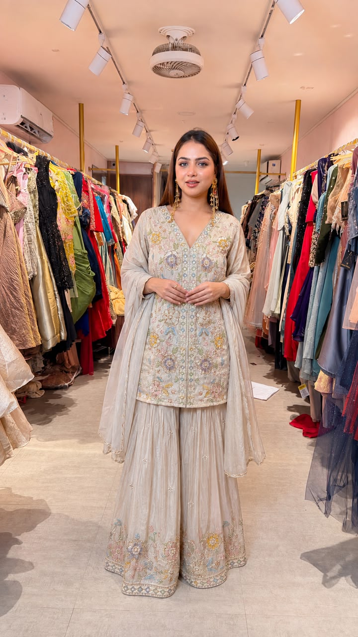 Blush Pink Floral Embroidered Kurta Sharara Set with Dupatta