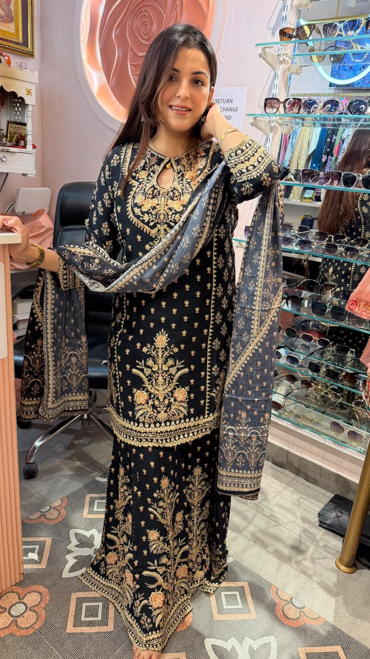 Royal Black Floral Kashmiri Embroidery Suit