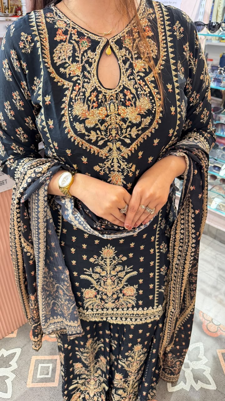 Royal Black Floral Kashmiri Embroidery Suit