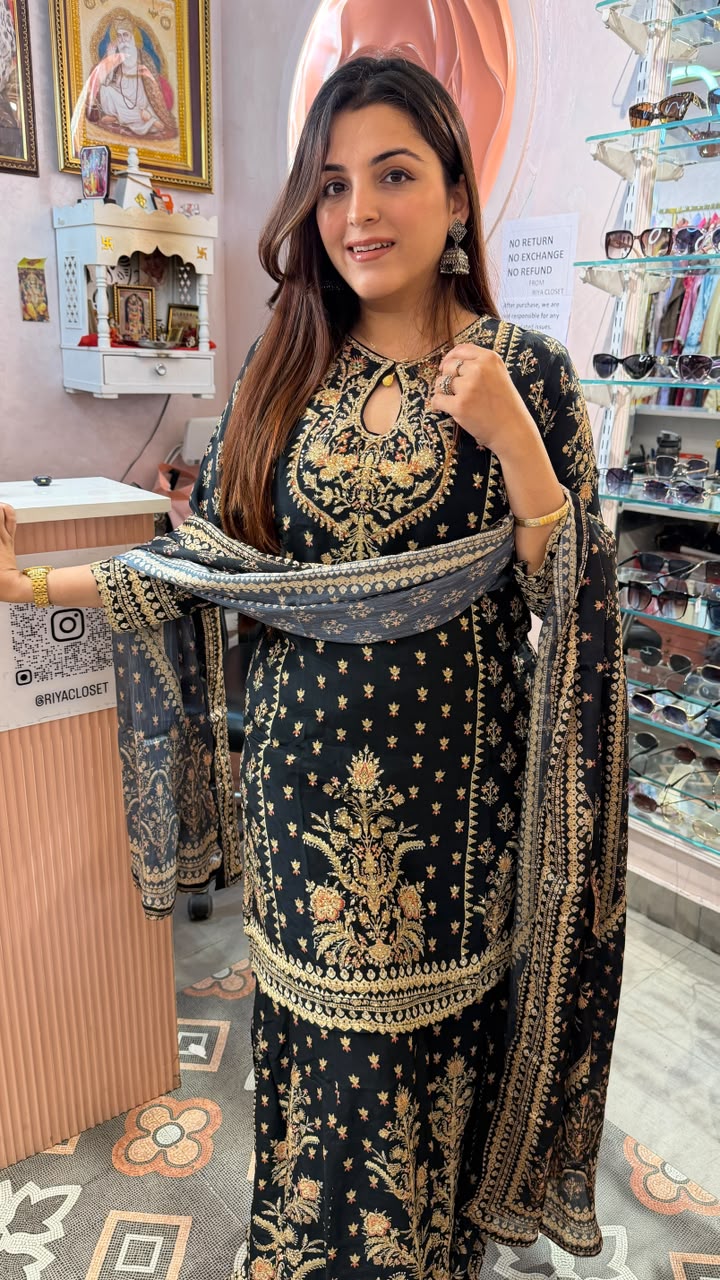 Royal Black Floral Kashmiri Embroidery Suit