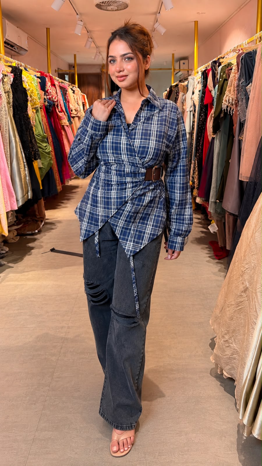 Asymmetrical plaid wrap shirt