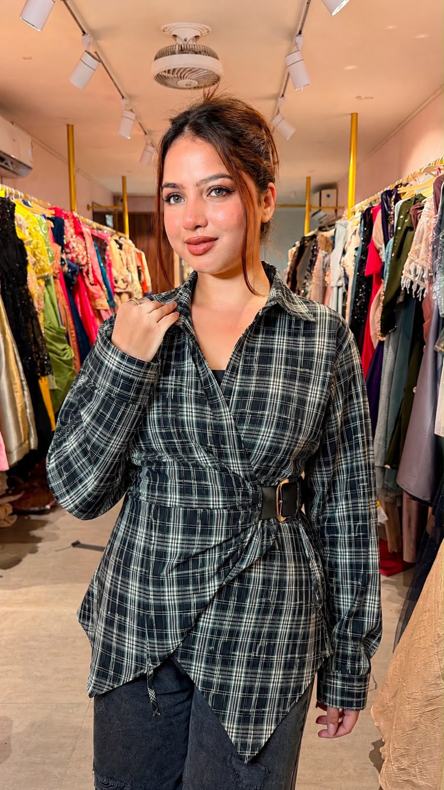Asymmetrical plaid wrap shirt