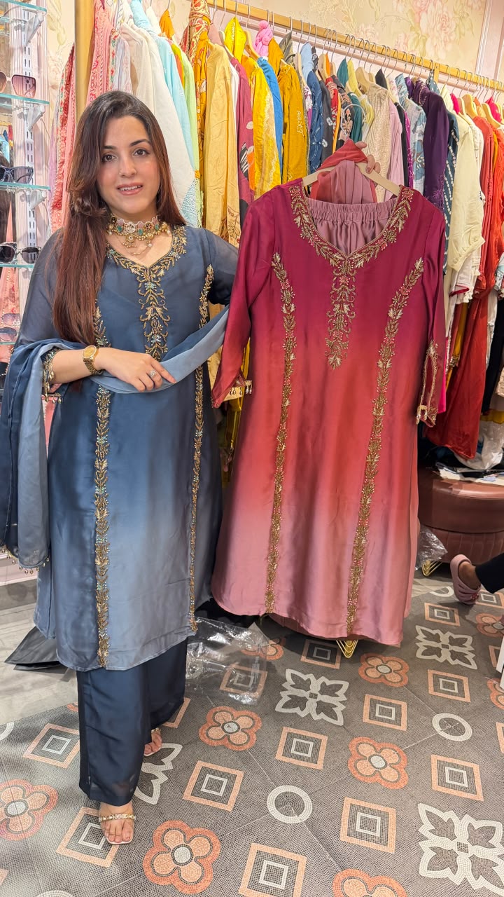 Royal Blue-Grey Zari Embroidered Straight Suit