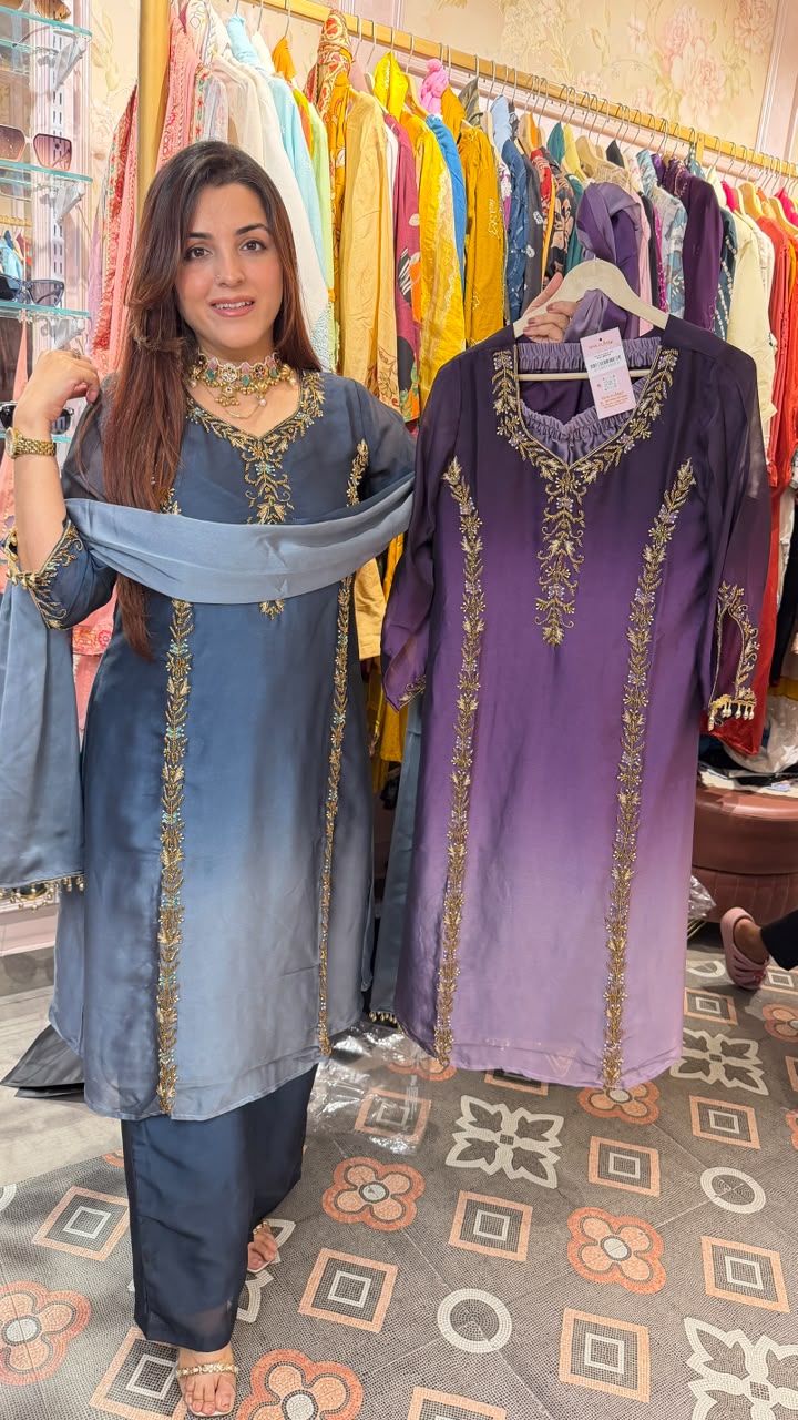 Royal Blue-Grey Zari Embroidered Straight Suit
