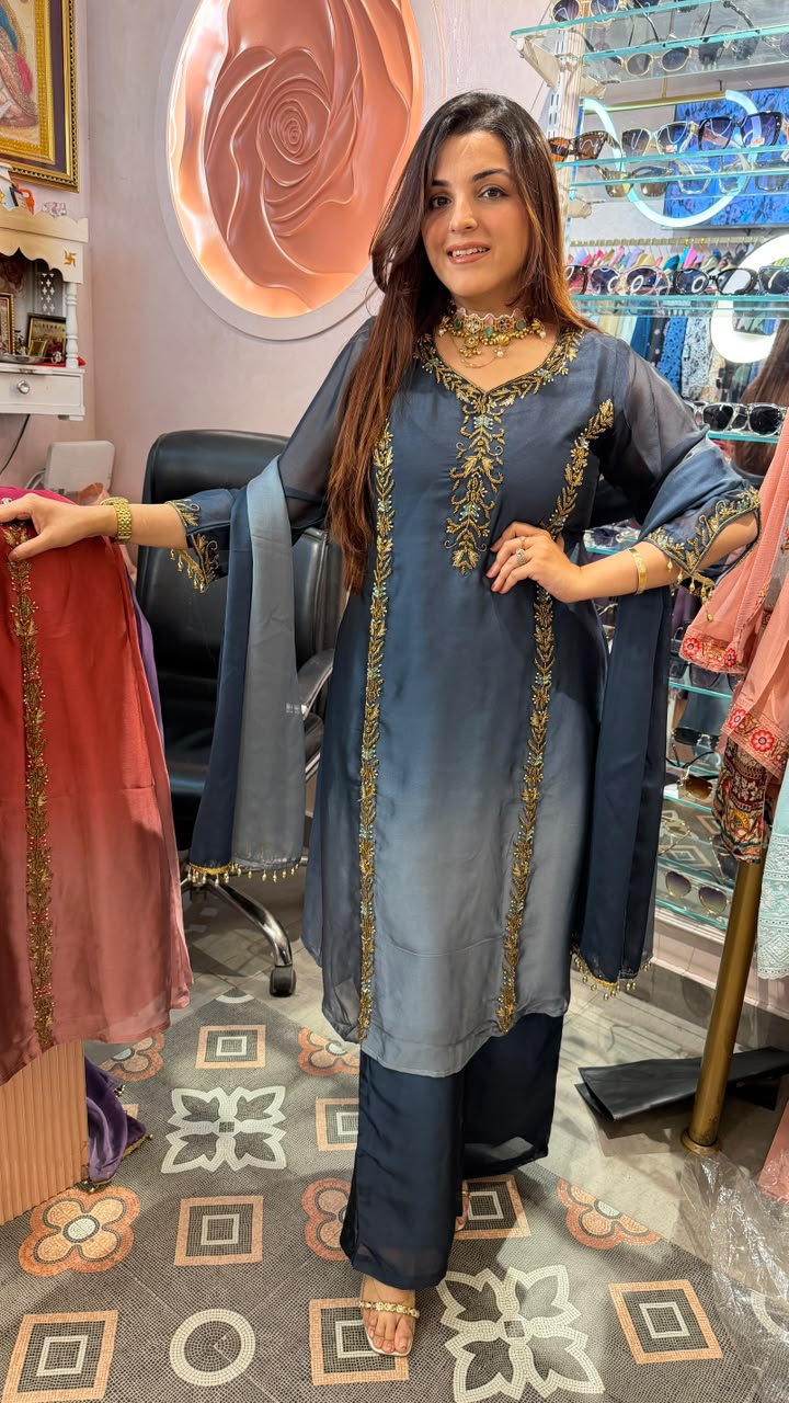Royal Blue-Grey Zari Embroidered Straight Suit