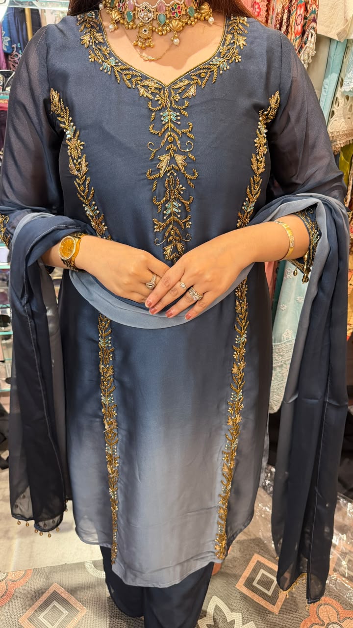 Royal Blue-Grey Zari Embroidered Straight Suit