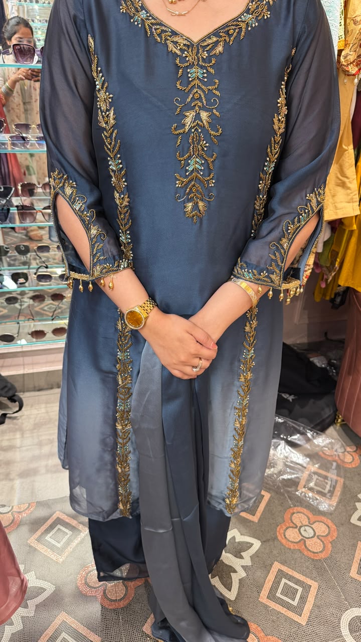 Royal Blue-Grey Zari Embroidered Straight Suit