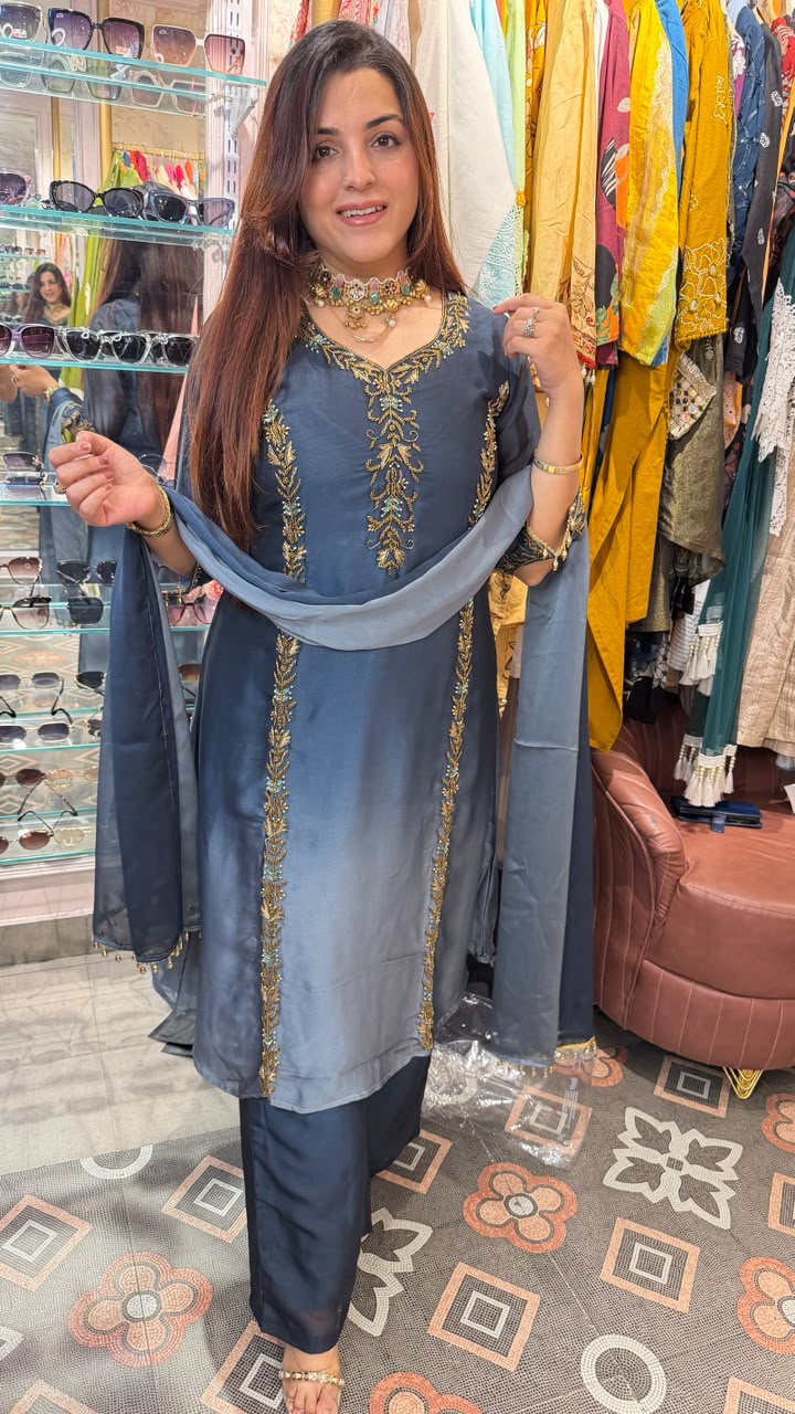 Royal Blue-Grey Zari Embroidered Straight Suit