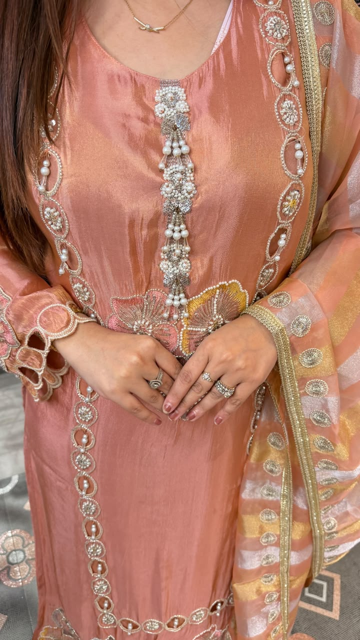 Peach Gold Festive Embroidered Organza Suit Set