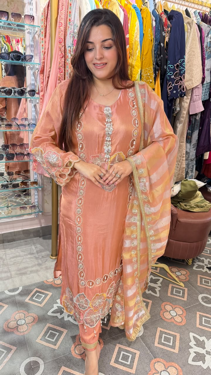 Peach Gold Festive Embroidered Organza Suit Set