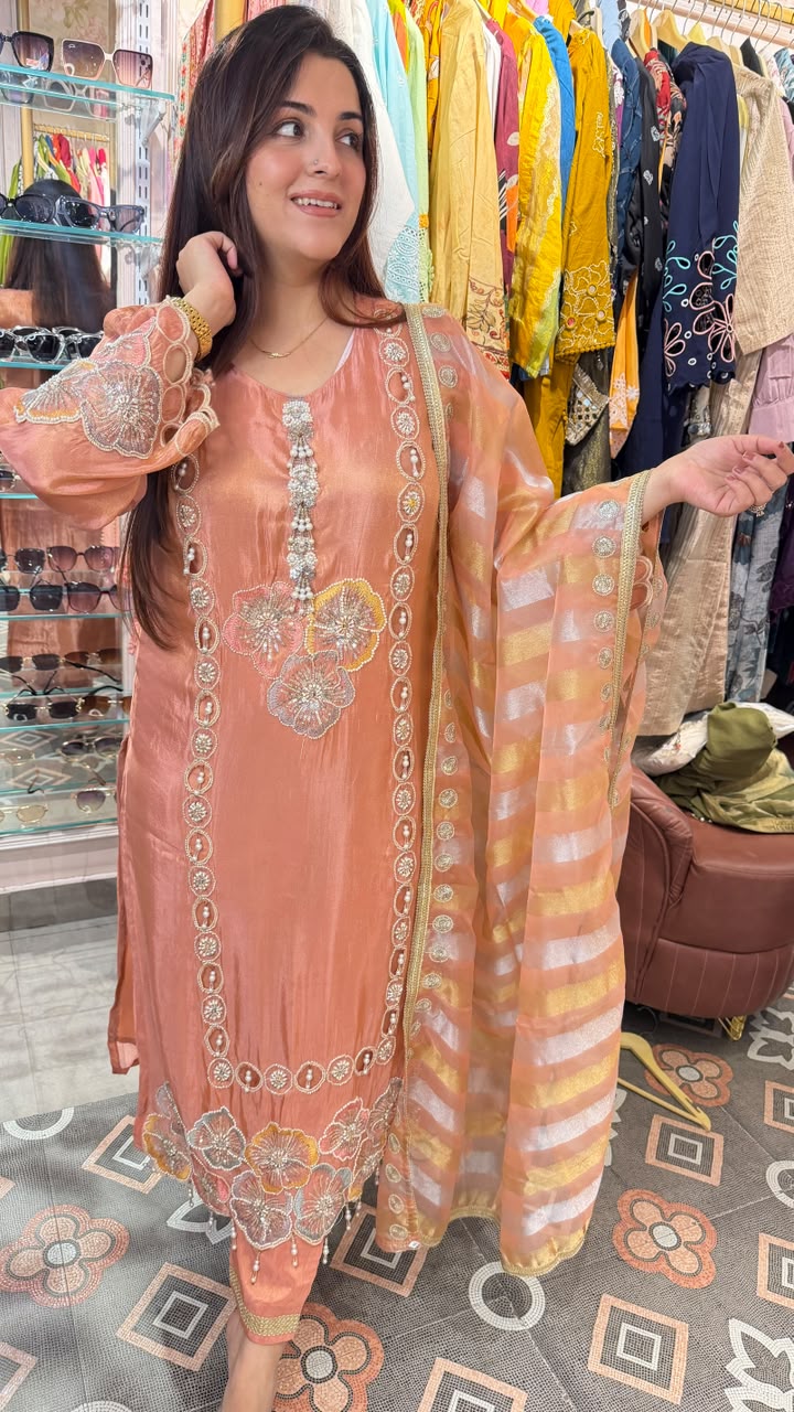 Peach Gold Festive Embroidered Organza Suit Set