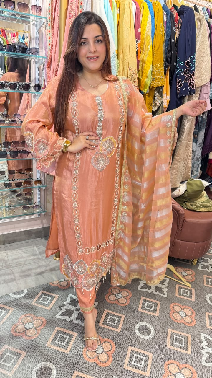 Peach Gold Festive Embroidered Organza Suit Set