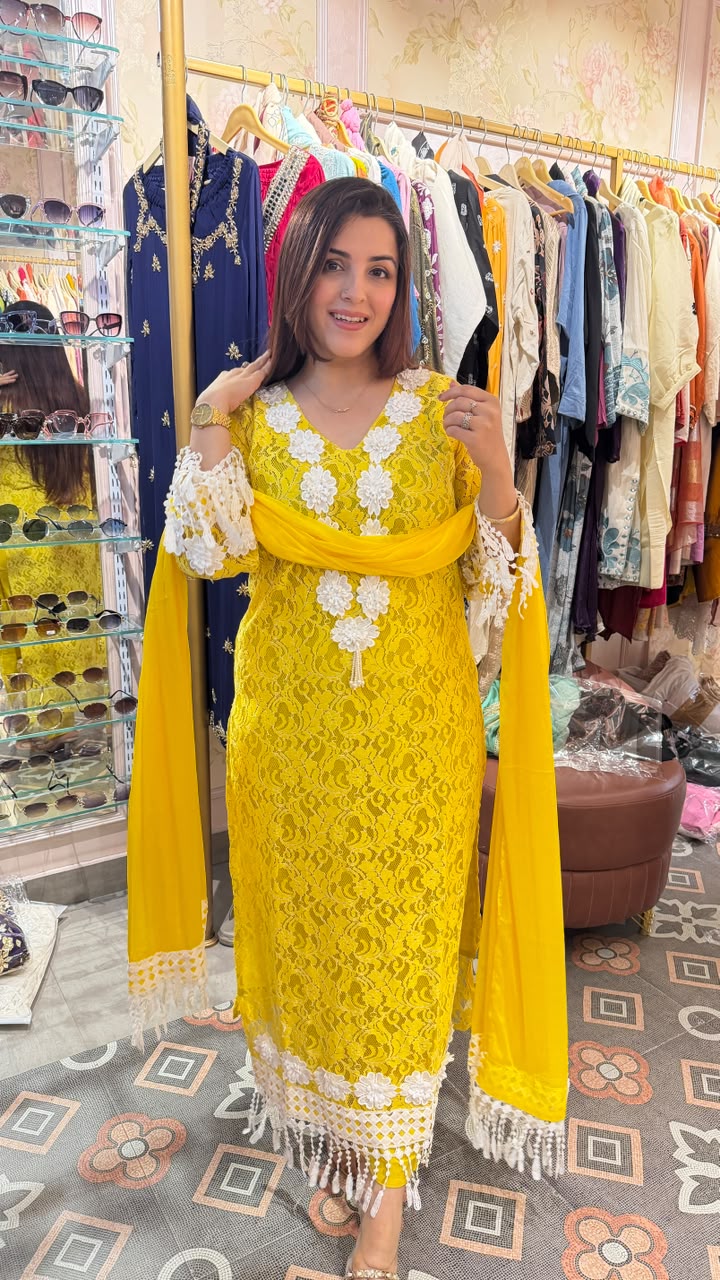 Lace Kurta Set with Tassel Dupatta