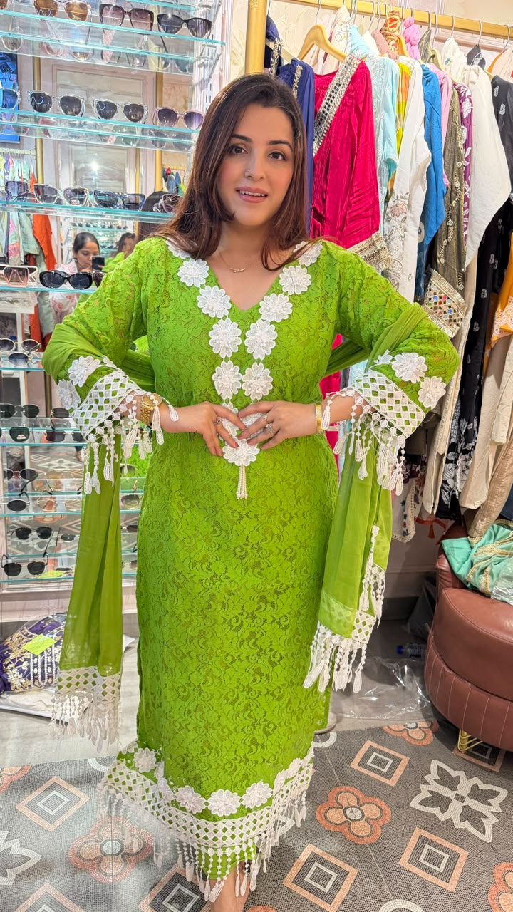 Lace Kurta Set with Tassel Dupatta