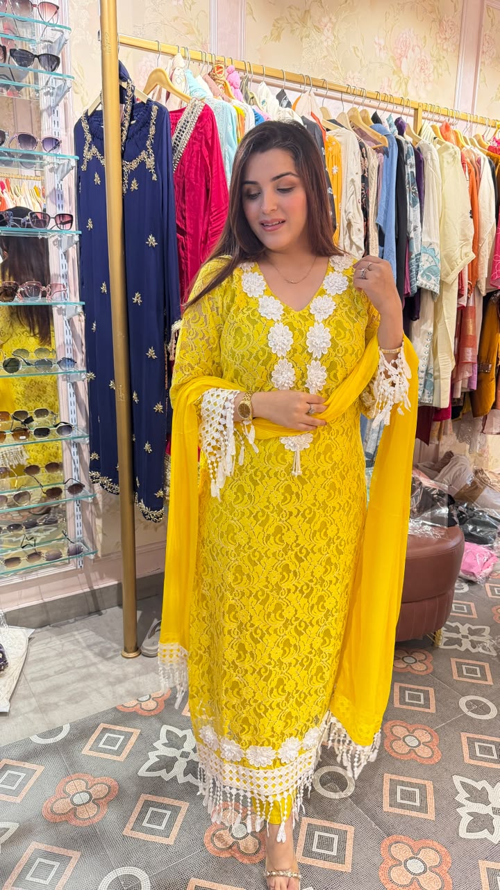 Lace Kurta Set with Tassel Dupatta