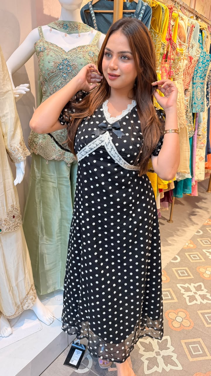 Black Swiss Dot Lace Trim Midi Dress