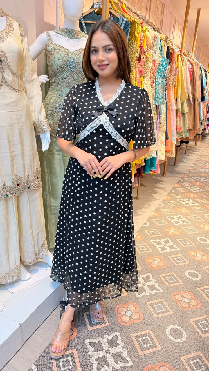 Black Swiss Dot Lace Trim Midi Dress