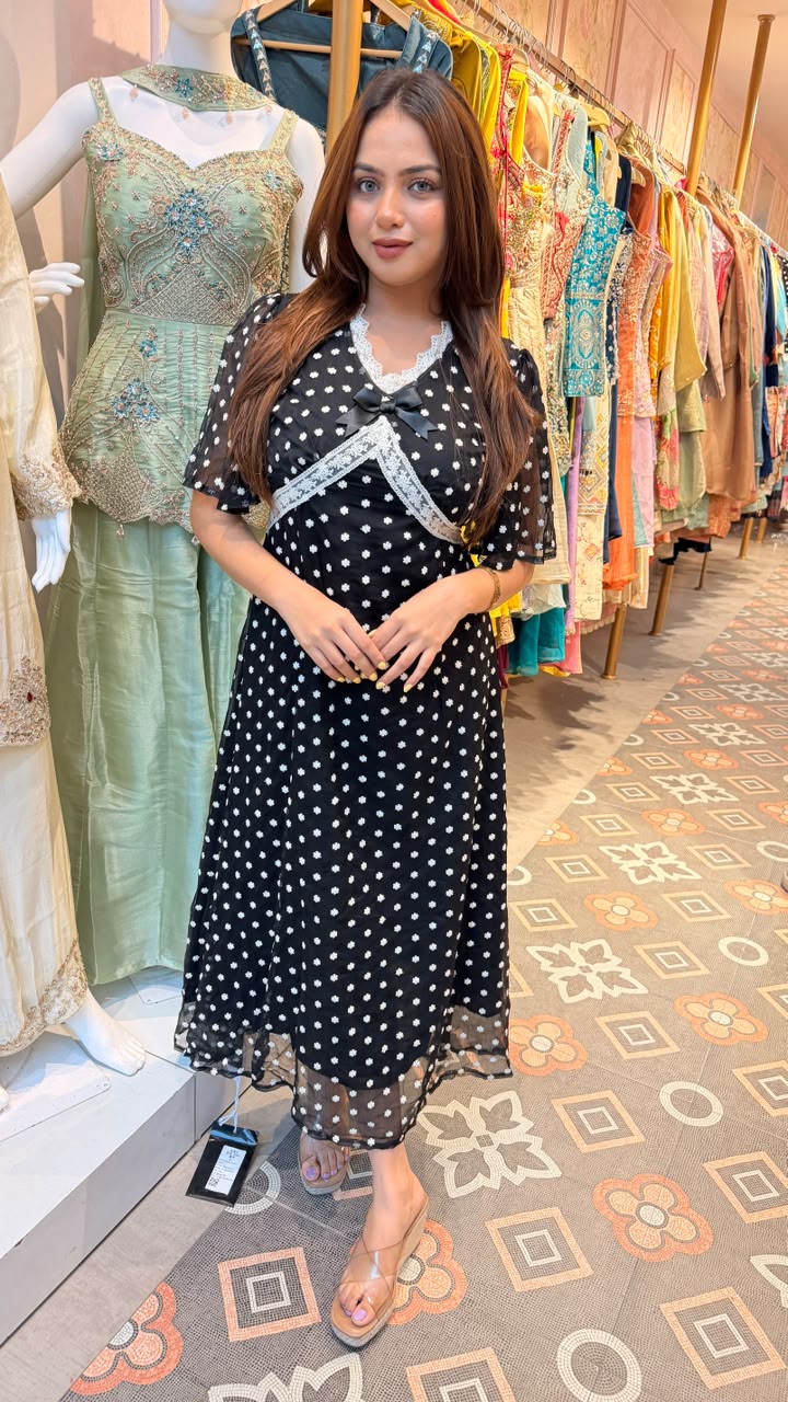 Black Swiss Dot Lace Trim Midi Dress